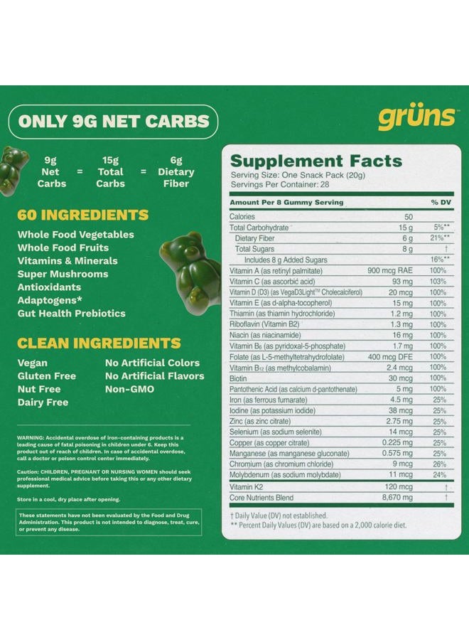 Grüns Gruns Adults Super Greens Multivitamin Gummies, Superfood Vitamin Gummy Bears with Spirulina, Chlorella, Prebiotic Fiber for Digestive Health, Adaptogens Supplement, 20 Vitamins & Minerals, 28 Count - Image 2
